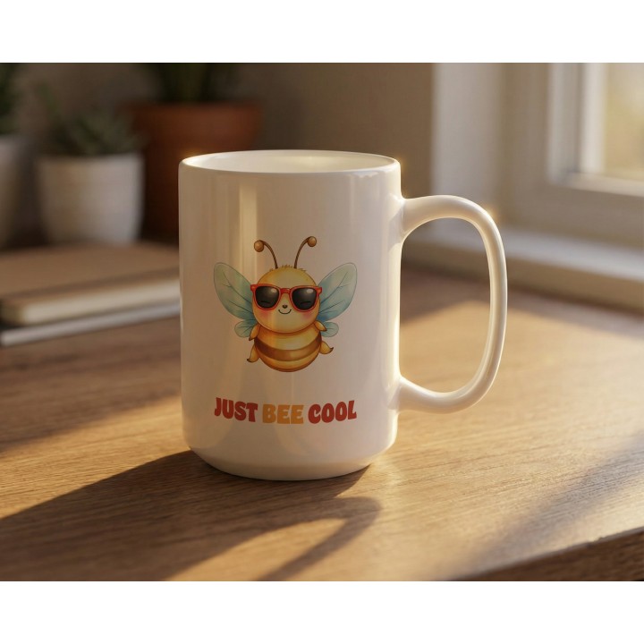 Kubek z nadrukiem Just Bee Cool – zabawna pszczółka, luz, prezent z humorem