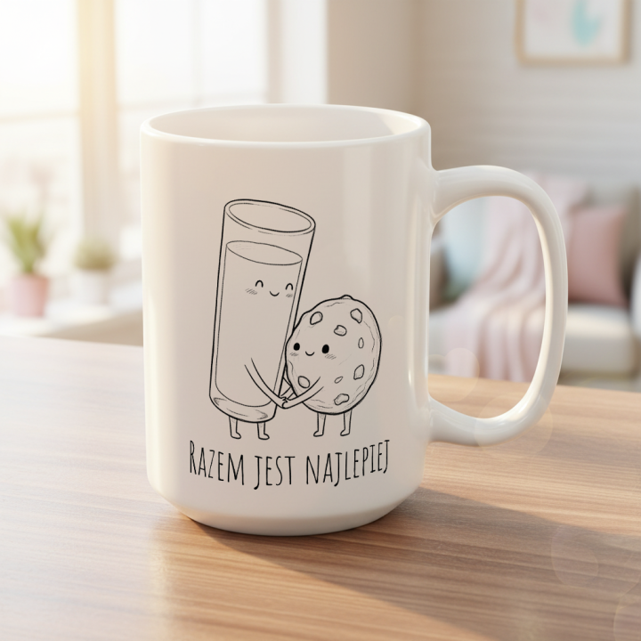 Kubek z nadrukiem „Razem jest najlepiej” – mleko i ciasteczko
