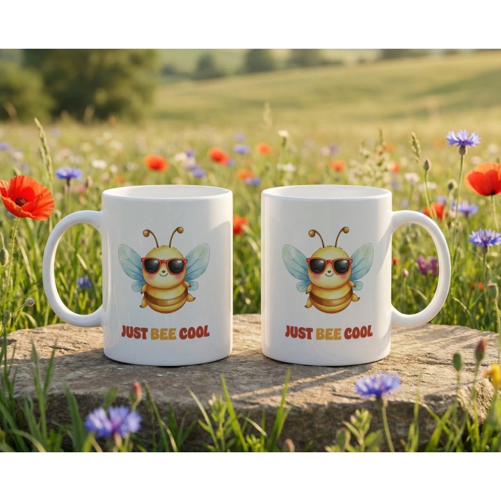 Kubek z nadrukiem Just Bee Cool – zabawna pszczółka, luz, prezent z humorem