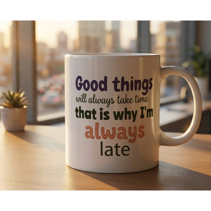 Kubek Good Things Take Time – prezent dla spóźnialskich z poczuciem humoru | Kolorowa typografia