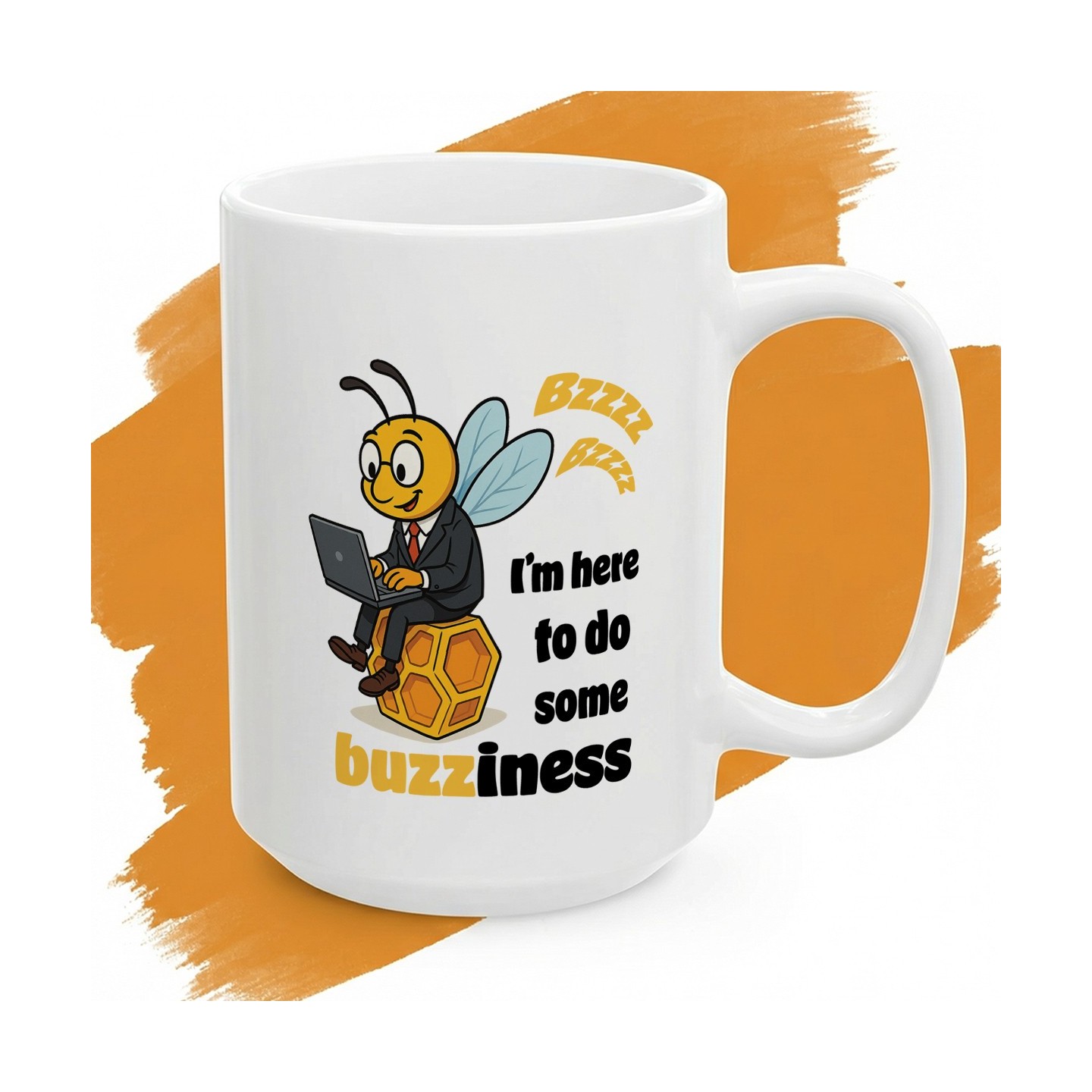 Kubek z nadrukiem „I’m here to do some buzziness” – pszczółka w garniturze