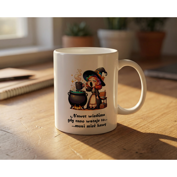 Kubek z nadrukiem wiedźmy i kawy – napis o porankach