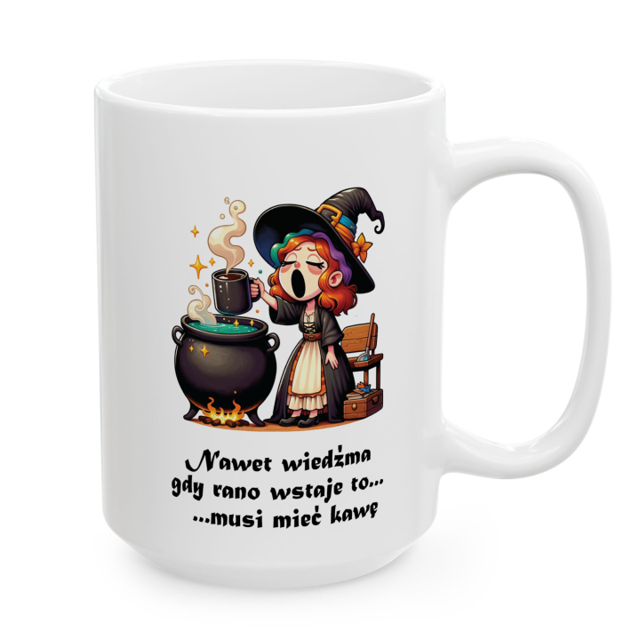 Kubek z nadrukiem wiedźmy i kawy – napis o porankach