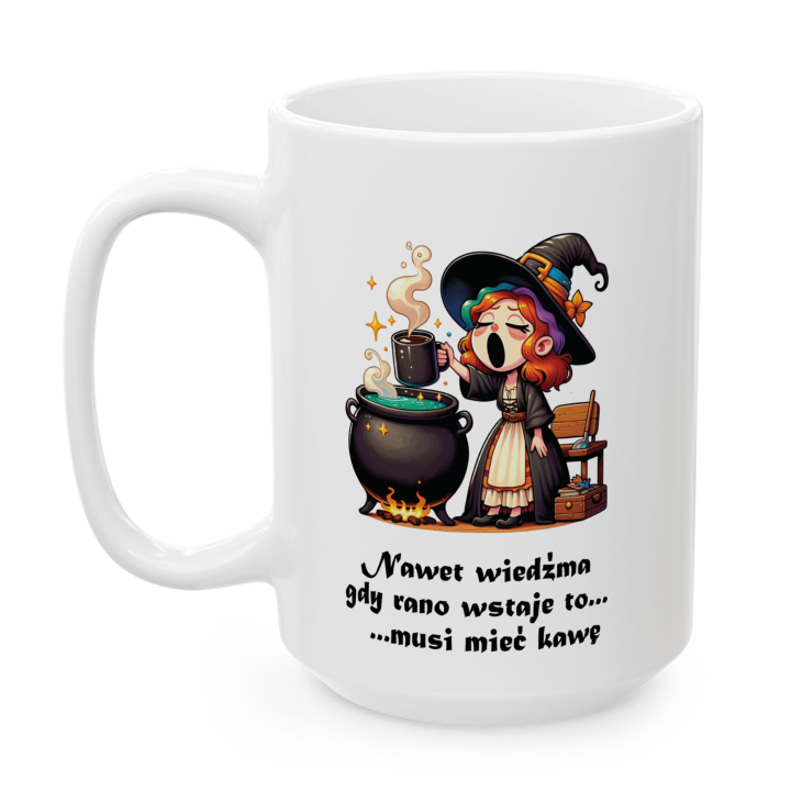 Kubek z nadrukiem wiedźmy i kawy – napis o porankach