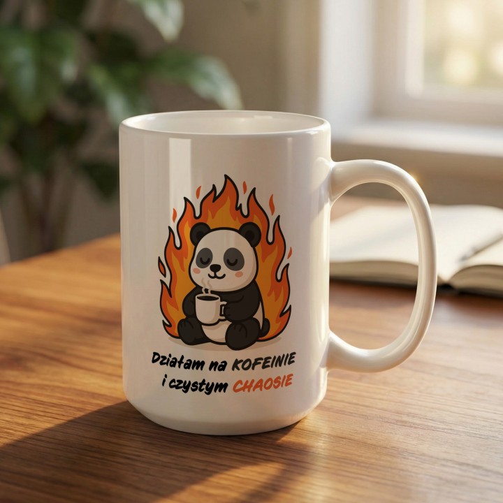 Kubek z nadrukiem Działam na kofeinie i czystym chaosie – panda w płomieniach, prezent dla zapracowanych
