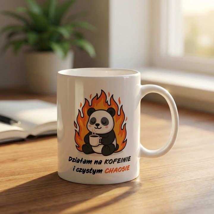 Kubek z nadrukiem Działam na kofeinie i czystym chaosie – panda w płomieniach, prezent dla zapracowanych