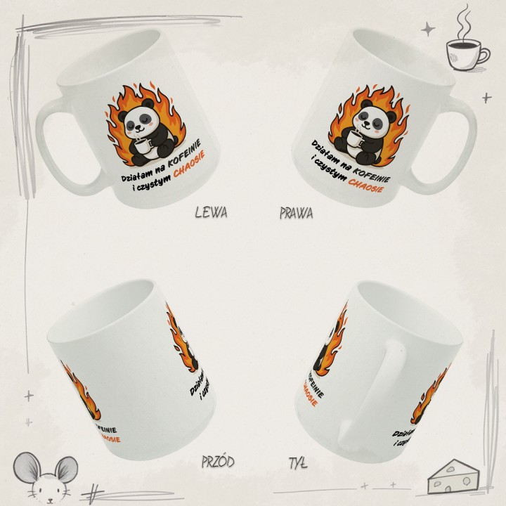 Kubek z nadrukiem Działam na kofeinie i czystym chaosie – panda w płomieniach, prezent dla zapracowanych
