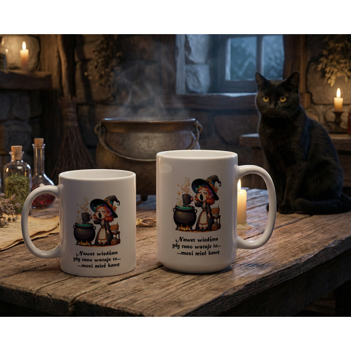 Kubek z nadrukiem wiedźmy i kawy – napis o porankach
