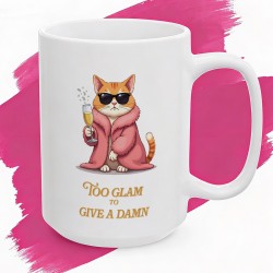 Kubek z nadrukiem Too Glam to Give a Damn – kot glamour z szampanem