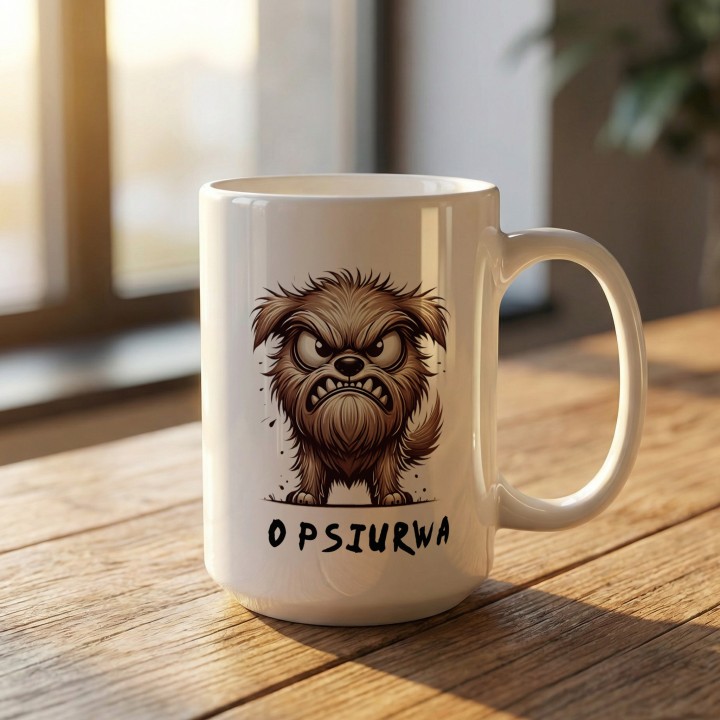 Kubek z nadrukiem Opsiurwa! wulgaryzm w psim wydaniu