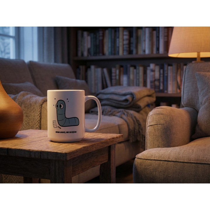 Kubek z nadrukiem Ufam logice nie szczęściu | Prezent dla analityka Robacze życie