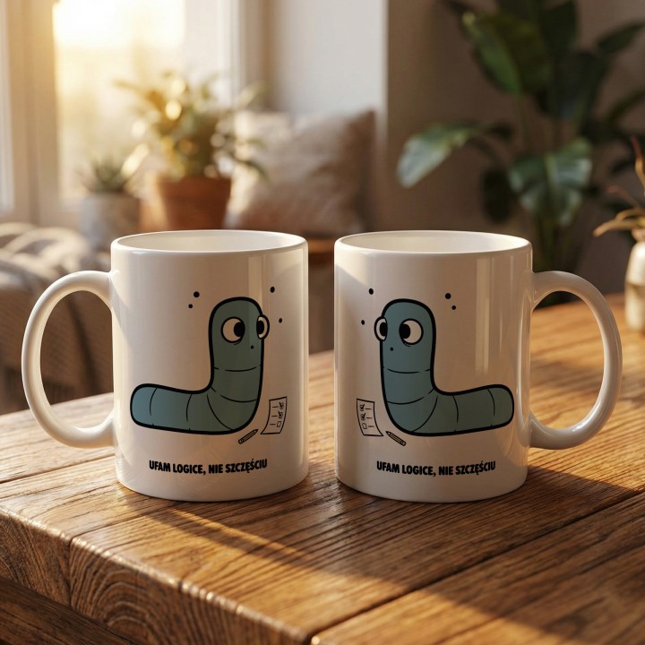 Kubek z nadrukiem Ufam logice nie szczęściu | Prezent dla analityka Robacze życie