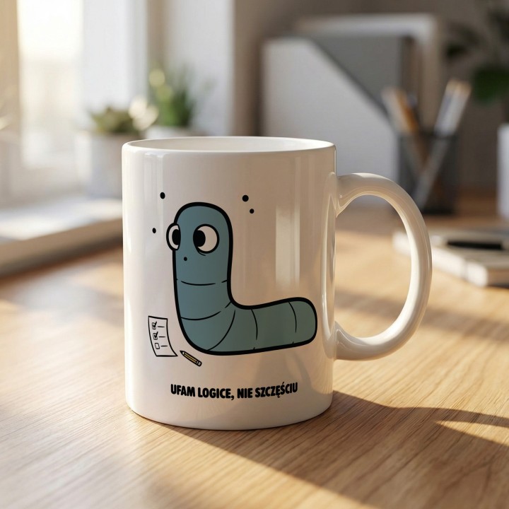 Kubek z nadrukiem Ufam logice nie szczęściu | Prezent dla analityka Robacze życie