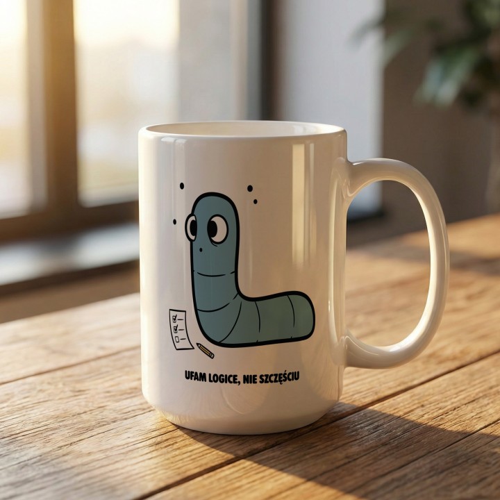 Kubek z nadrukiem Ufam logice nie szczęściu | Prezent dla analityka Robacze życie