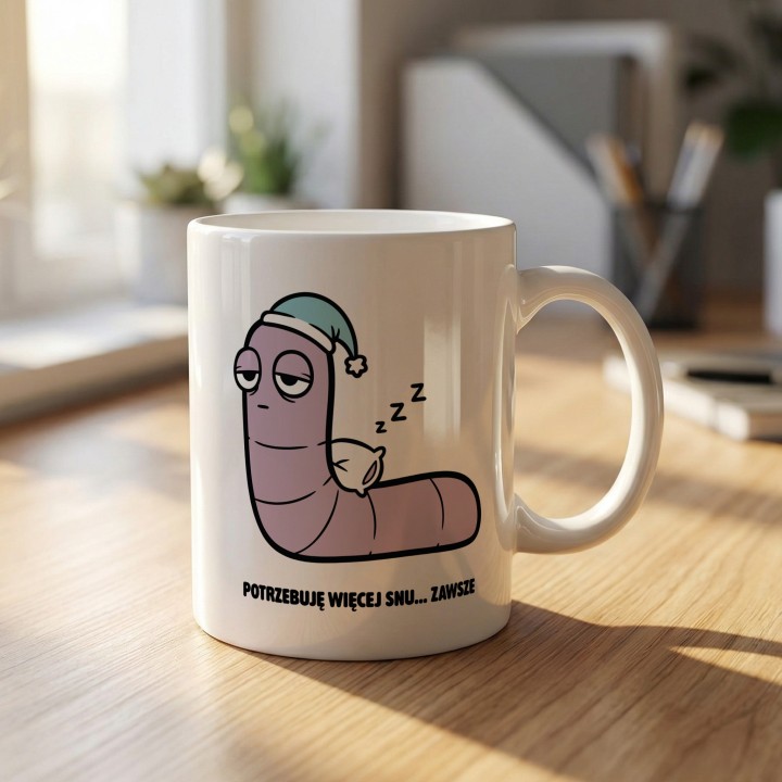 Kubek z nadrukiem Potrzebuję więcej snu | Prezent dla śpiocha Robacze życie