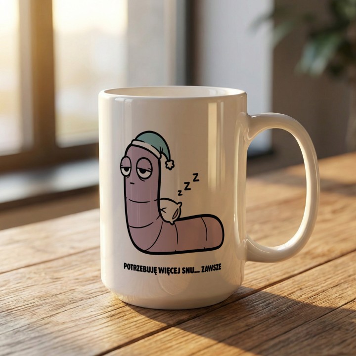 Kubek z nadrukiem Potrzebuję więcej snu | Prezent dla śpiocha Robacze życie