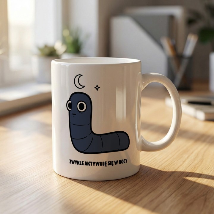 Kubek z nadrukiem Zwykle aktywuje się w nocy | Prezent dla nocnego marka Robacze życie