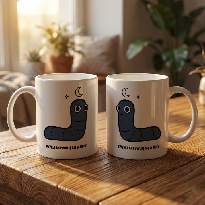 Kubek z nadrukiem Zwykle aktywuje się w nocy | Prezent dla nocnego marka Robacze życie
