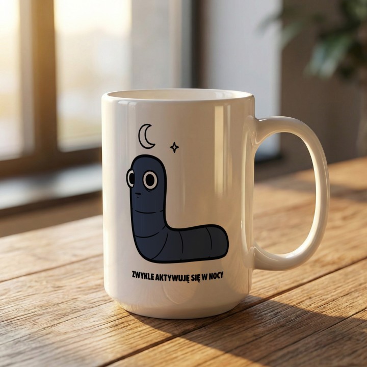 Kubek z nadrukiem Zwykle aktywuje się w nocy | Prezent dla nocnego marka Robacze życie