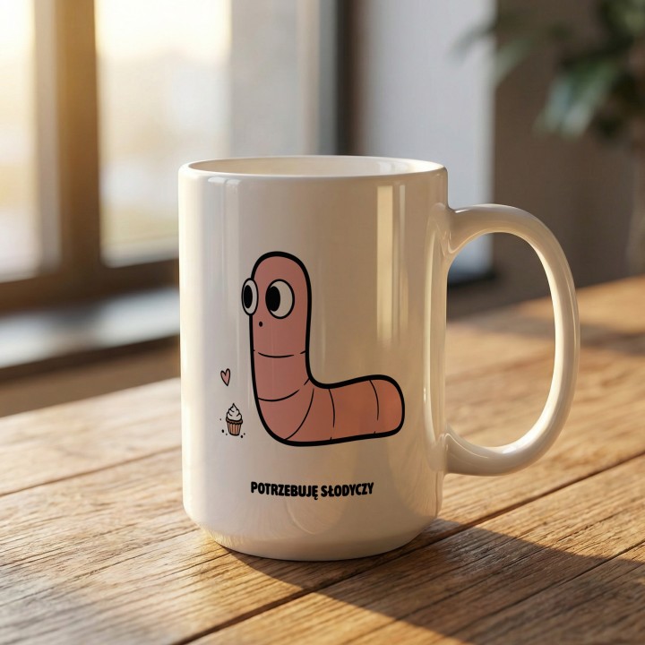 Kubek Potrzebuję słodyczy | Prezent dla łasucha Typowy Robak