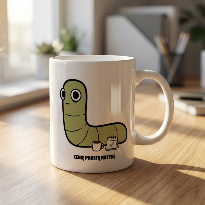Kubek z nadrukiem Cenię prostą rutynę | Prezent dla domatora Typowy Robak