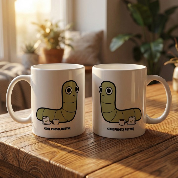 Kubek z nadrukiem Cenię prostą rutynę | Prezent dla domatora Typowy Robak