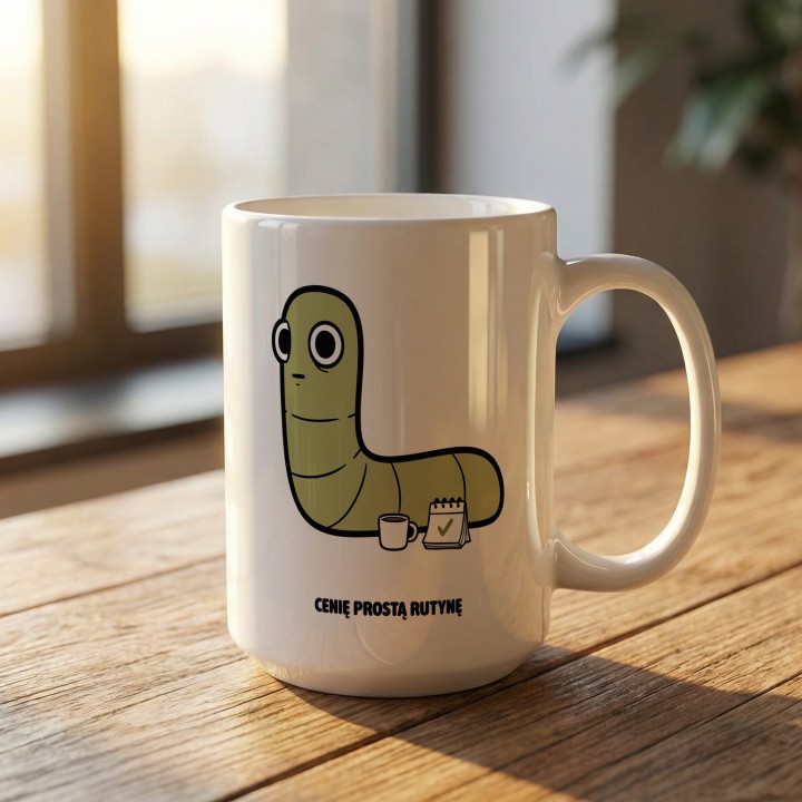Kubek z nadrukiem Cenię prostą rutynę | Prezent dla domatora Typowy Robak