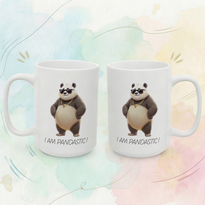 Kubek z nadrukiem „I am Pandastic!” – panda w okularach i złotym łańcuchu