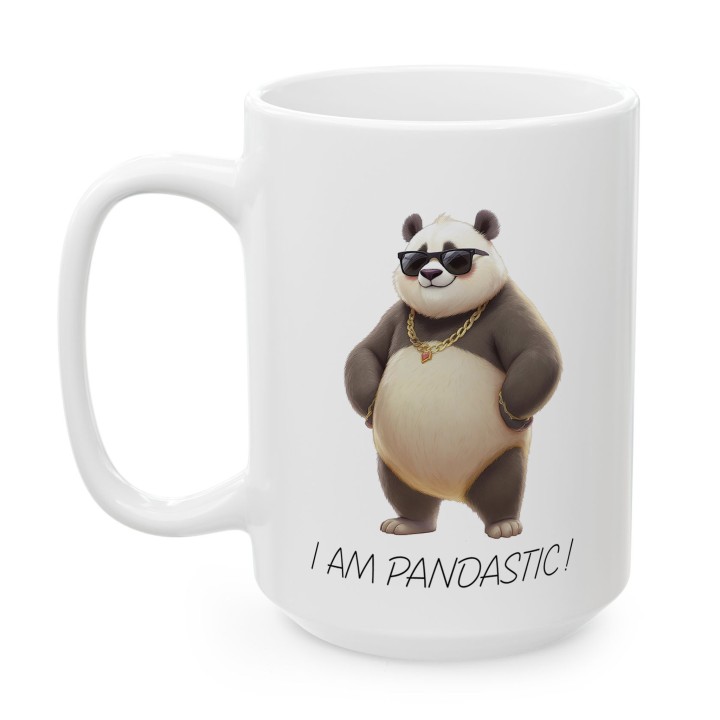 Kubek z nadrukiem „I am Pandastic!” – panda w okularach i złotym łańcuchu