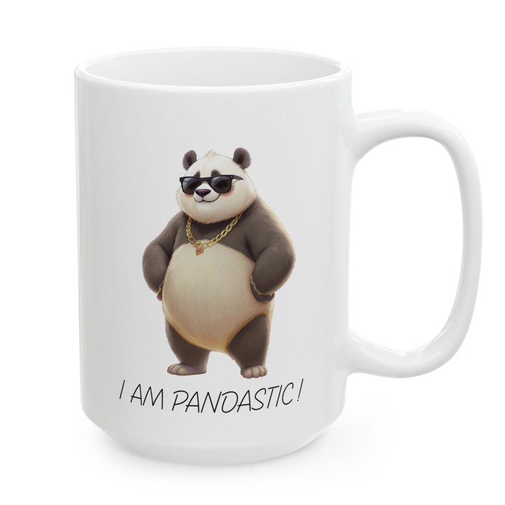 Kubek z nadrukiem „I am Pandastic!” – panda w okularach i złotym łańcuchu