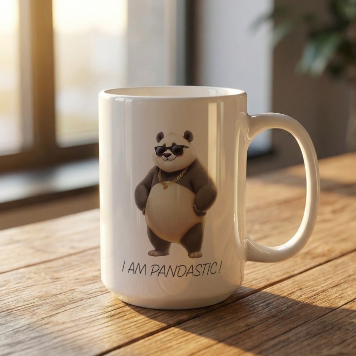 Kubek z nadrukiem „I am Pandastic!” – panda w okularach i złotym łańcuchu
