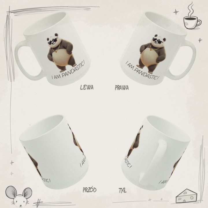 Kubek z nadrukiem „I am Pandastic!” – panda w okularach i złotym łańcuchu
