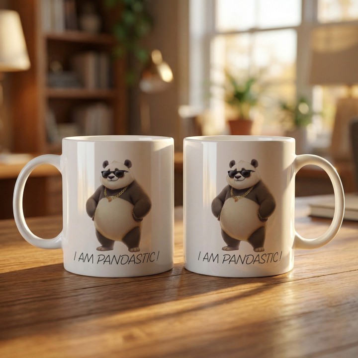 Kubek z nadrukiem „I am Pandastic!” – panda w okularach i złotym łańcuchu