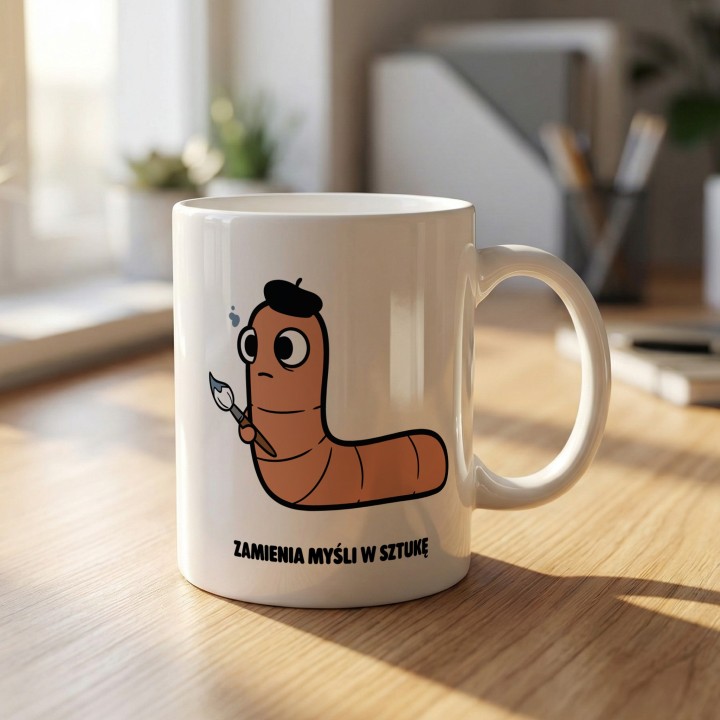 Kubek z nadrukiem Zamienia myśli w sztukę | Typowy Robak dla artysty