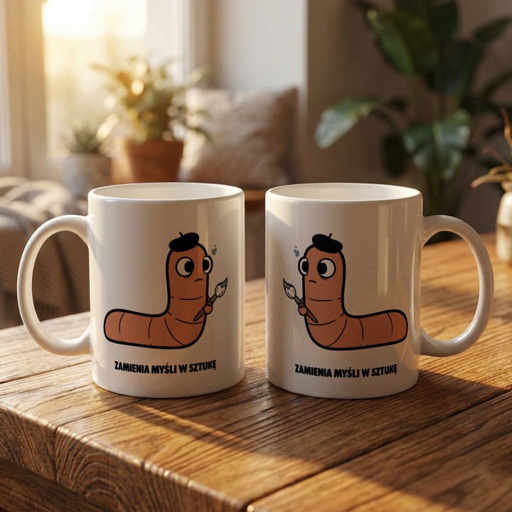 Kubek z nadrukiem Zamienia myśli w sztukę | Typowy Robak dla artysty