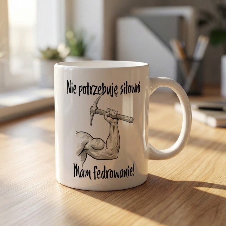 Kubek dla górnika „Nie potrzebuję siłowni, mam fedrowanie” – prezent na Barbórkę