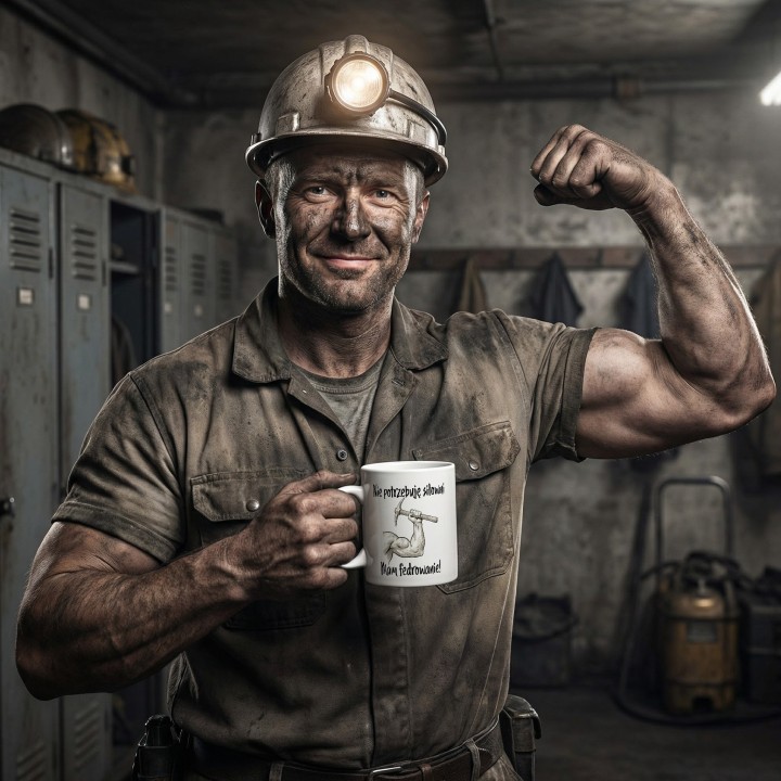 Kubek dla górnika „Nie potrzebuję siłowni, mam fedrowanie” – prezent na Barbórkę