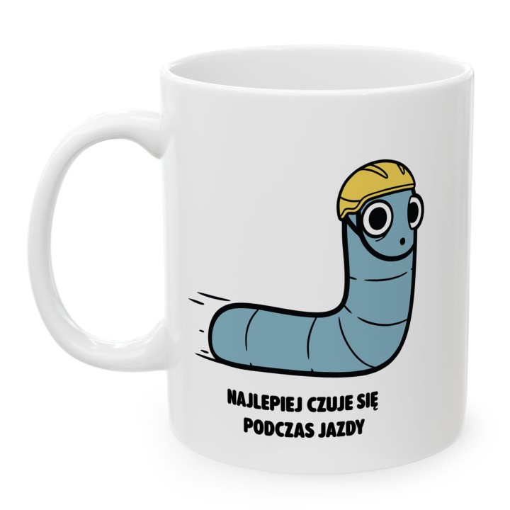Kubek z nadrukiem Najlepiej czuje się podczas jazdy | Typowy Robak Rowerzysta