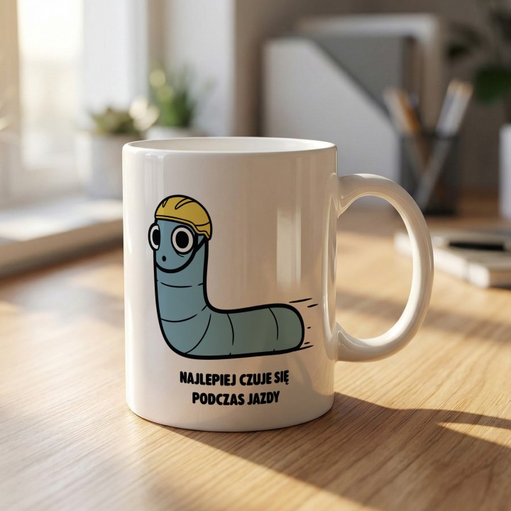 Kubek z nadrukiem Najlepiej czuje się podczas jazdy | Typowy Robak Rowerzysta