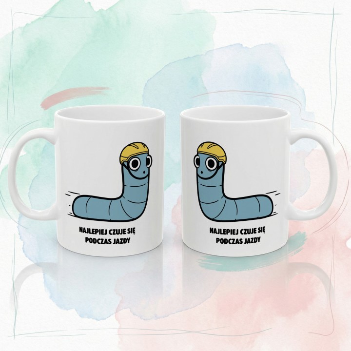 Kubek z nadrukiem Najlepiej czuje się podczas jazdy | Typowy Robak Rowerzysta