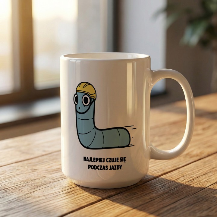 Kubek z nadrukiem Najlepiej czuje się podczas jazdy | Typowy Robak Rowerzysta