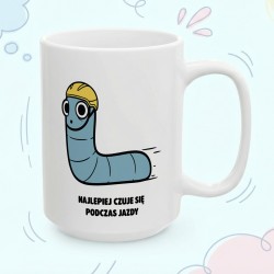 Kubek z nadrukiem Najlepiej czuje się podczas jazdy – Typowy Robak kolarz