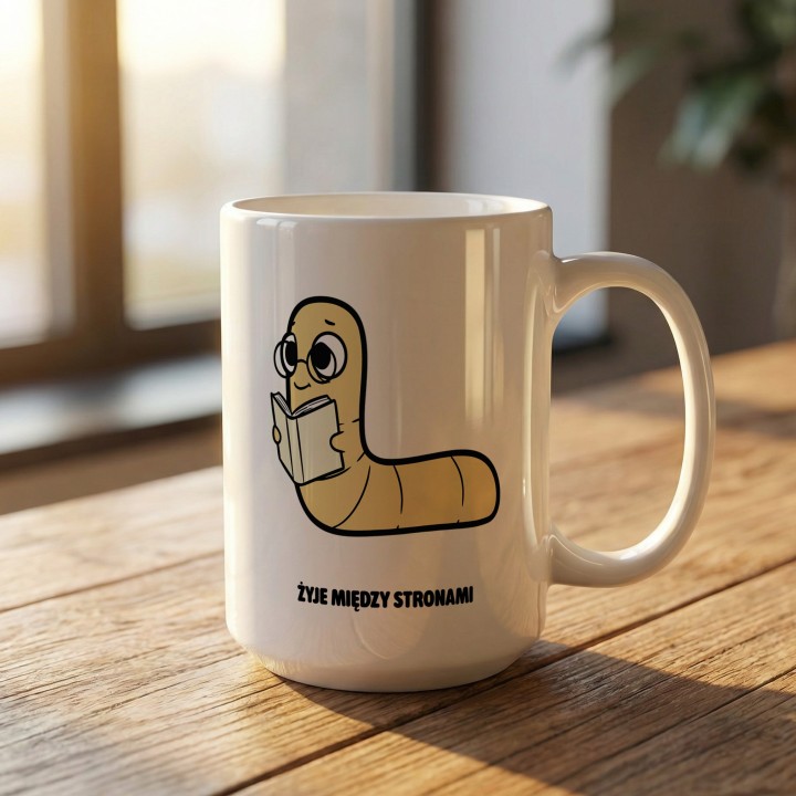 Kubek z nadrukiem Żyje między stronami | Typowy Robak dla mola książkowego