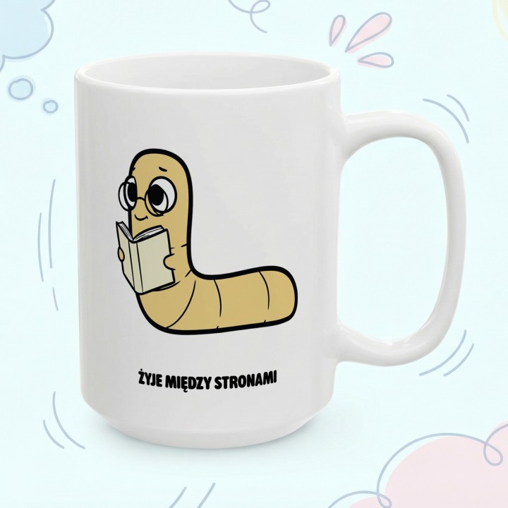 Kubek z nadrukiem Żyje między stronami | Typowy Robak dla mola książkowego