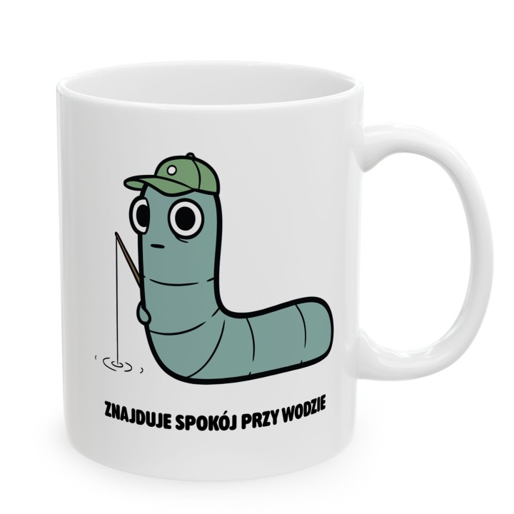 Kubek z nadrukiem Znajduje spokój przy wodzie | Typowy Robak dla wędkarza