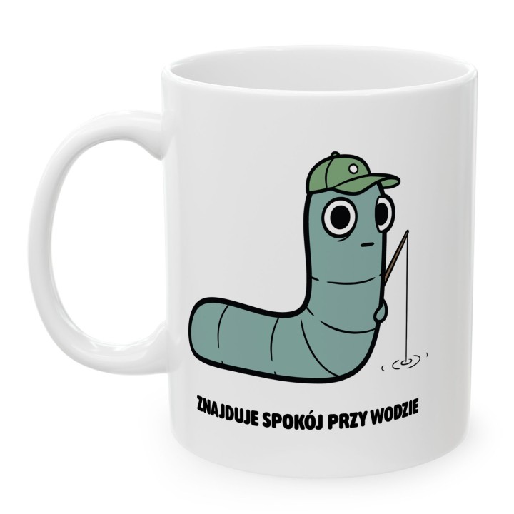 Kubek z nadrukiem Znajduje spokój przy wodzie | Typowy Robak dla wędkarza