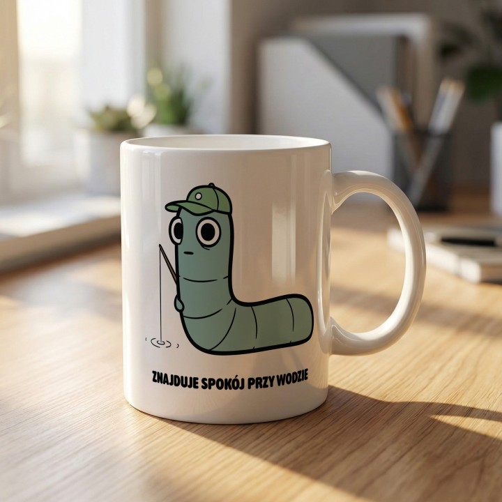 Kubek z nadrukiem Znajduje spokój przy wodzie | Typowy Robak dla wędkarza