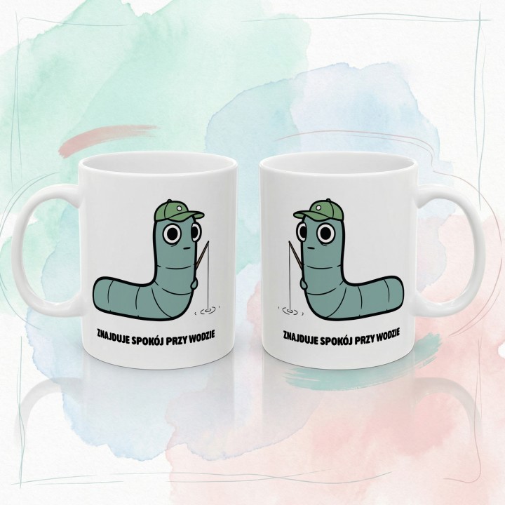 Kubek z nadrukiem Znajduje spokój przy wodzie | Typowy Robak dla wędkarza