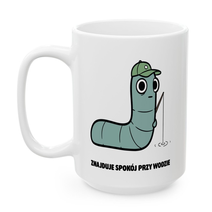 Kubek z nadrukiem Znajduje spokój przy wodzie | Typowy Robak dla wędkarza