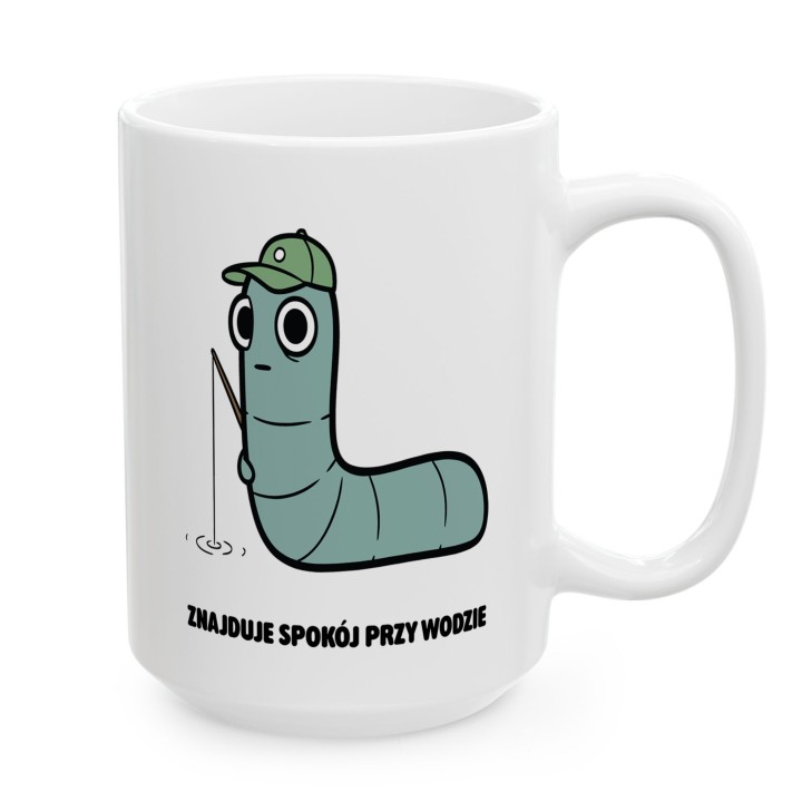 Kubek z nadrukiem Znajduje spokój przy wodzie | Typowy Robak dla wędkarza